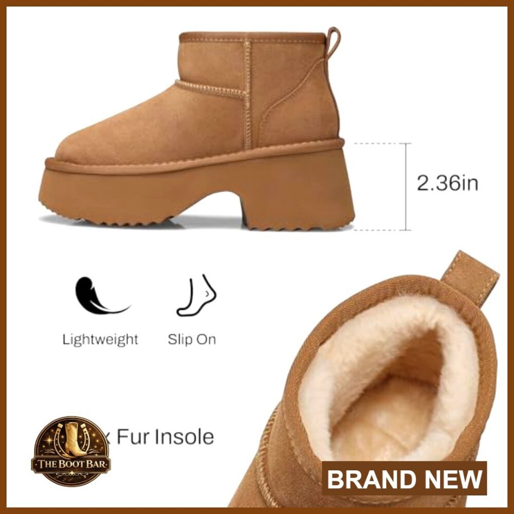 Genuine Suede Leather Platform Ankle Boots Winter Warm Fur Lined Anti-Slip - Picture 4 of 7